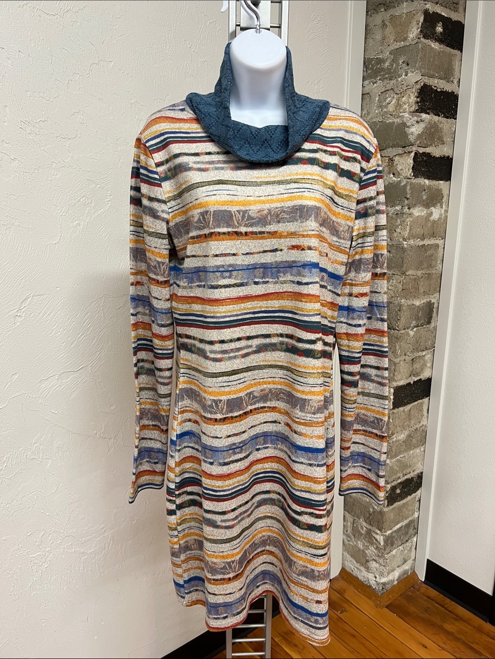 Smash! Multicolor Striped Cowl Neck Long Sleeve Dress Boho Sweater Knit Size XL